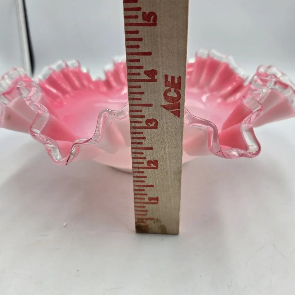 VTG Fenton Peach Crest Pink Cased Milk Glass Ruffled Brides Bowl Clear Edge A+